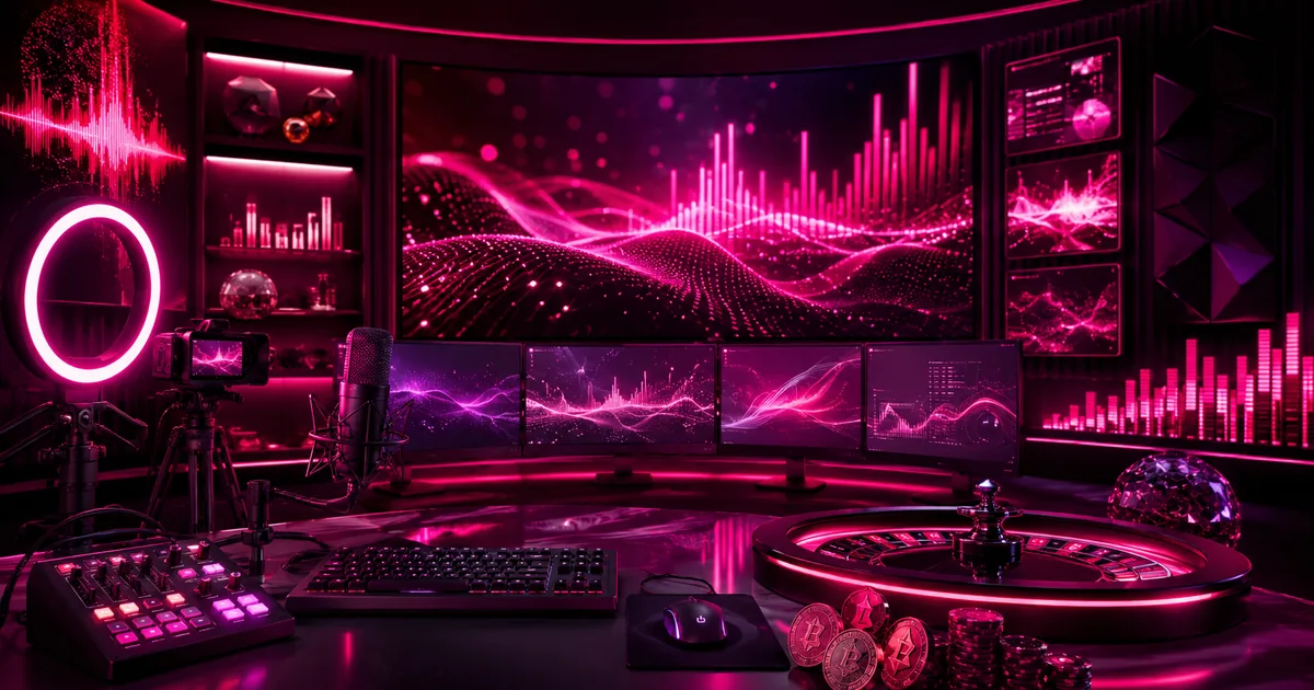 A magenta neon broadcast studio with glowing screens and signal waves